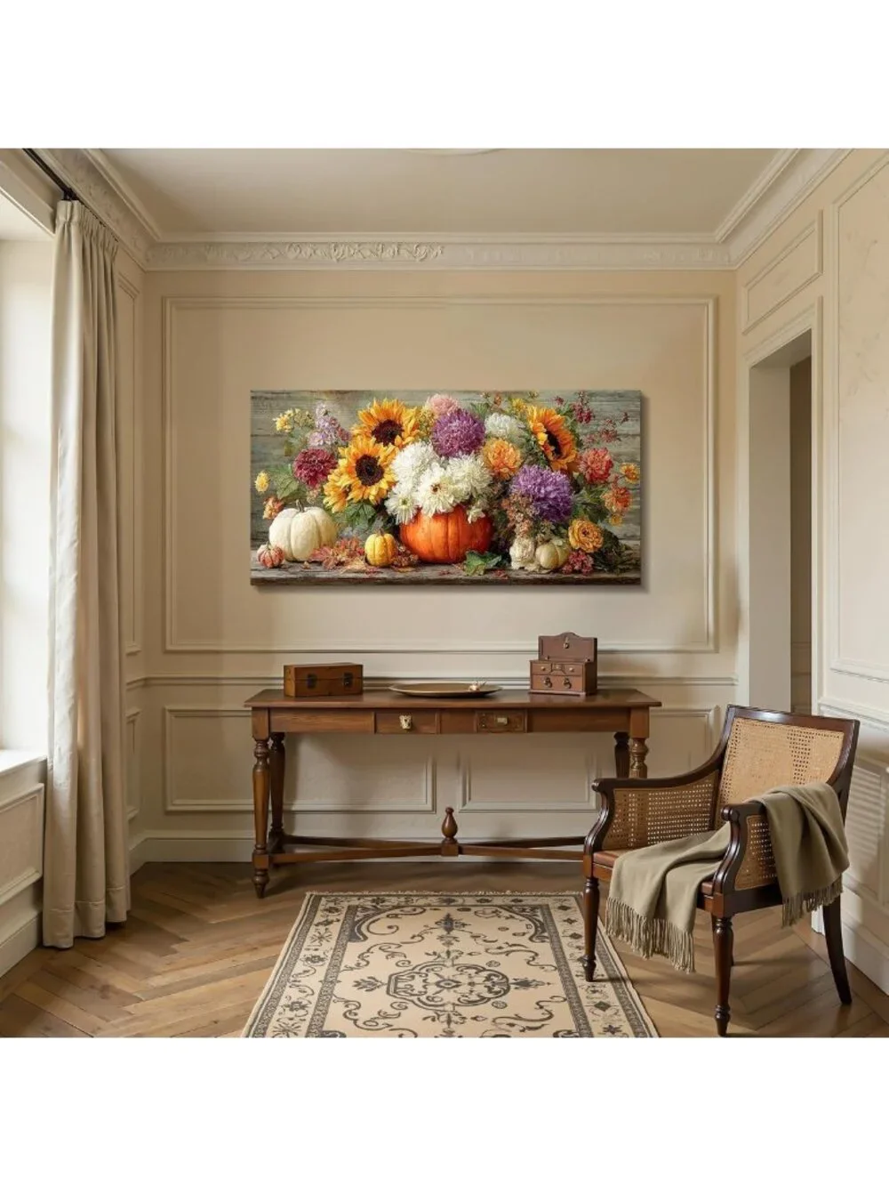 Autumn Wall Art Canvas Print - Pumpkin & Sunflower Decor for Cozy Home